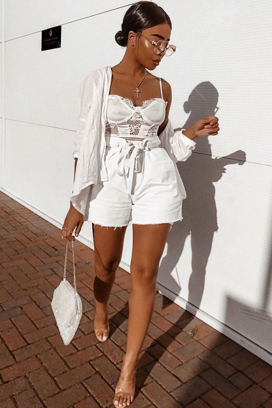 White Scalloped Lace Satin Bodysuit - Jeriah