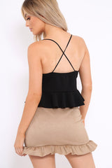Black Cross Back Frill Hem Crop Top - Jess