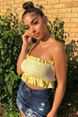 Yellow Gingham Shirred Frill Bandeau - Jessa