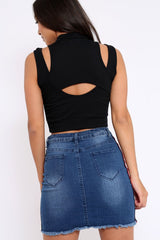 Black High Neck Cut Out Ribbed Crop Top - Jessica