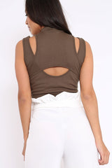 Khaki High Neck Cut Out Ribbed Crop Top - Jessica