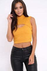 Mustard High Neck Cut Out Ribbed Crop Top - Jessica
