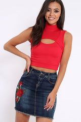 Red High Neck Cut Out Ribbed Crop Top - Jessica
