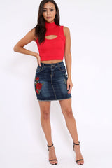 Red High Neck Cut Out Ribbed Crop Top - Jessica