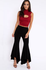 Wine High Neck Cut Out Ribbed Crop Top - Jessica