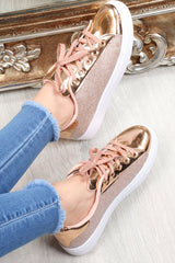 Rose Gold Lace Up Glittery Shiny Trainers - Jessie