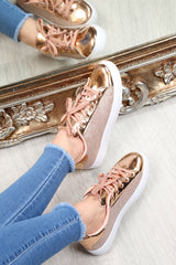 Rose Gold Lace Up Glittery Shiny Trainers - Jessie