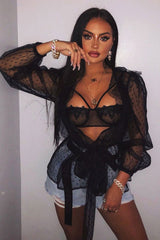 Black Polka Mesh Long Sleeve Ruffle Blouse - Lattie