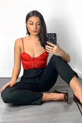 Red Scalloped Lace Satin Bodysuit - Jeriah
