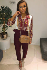 Wine Belted Tapered Peg Trousers - Jessika