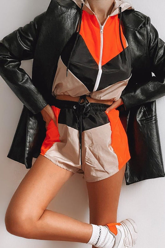 Orange Grey Black Colour Block Hooded Jacket Shorts Tracksuit Co-ord - Jettie