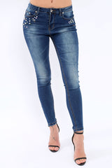 Blue Denim Jewelled Skinny Jeans - Jezzy