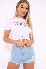 White Knot Front Rainbow Vogue Slogan Top - Jhenna