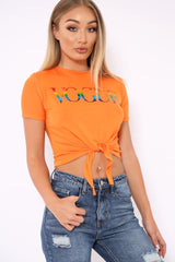 Orange Knot Front Rainbow Vogue Slogan Top - Jhenna