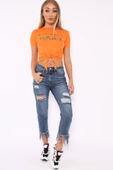 Orange Knot Front Rainbow Vogue Slogan Top - Jhenna