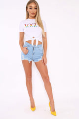 White Knot Front Rainbow Vogue Slogan Top - Jhenna