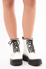 White Faux Leather Platform Chunky Ankle Boots - Miami