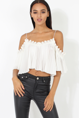 White Pleated Crochet Trim Cold Shoulder Crop Top - Jil