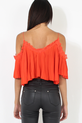 Orange Pleated Crochet Trim Cold Shoulder Crop Top - Jil