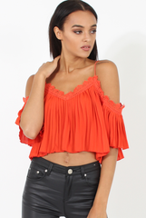 Orange Pleated Crochet Trim Cold Shoulder Crop Top - Jil