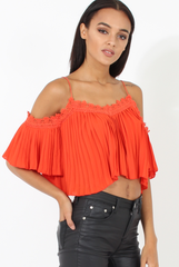 Orange Pleated Crochet Trim Cold Shoulder Crop Top - Jil