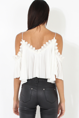 White Pleated Crochet Trim Cold Shoulder Crop Top - Jil