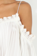 White Pleated Crochet Trim Cold Shoulder Crop Top - Jil
