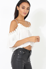 White Pleated Crochet Trim Cold Shoulder Crop Top - Jil