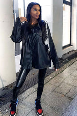 Black Faux Leather Shacket - Leiyah