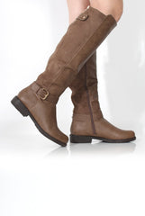 Sally Khaki Faux Leather/Suede Knee High Boots