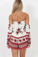 Red Floral Print Bardot Playsuit - Joanna