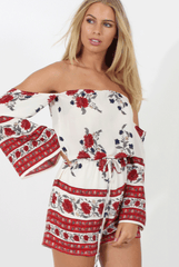 Red Floral Print Bardot Playsuit - Joanna