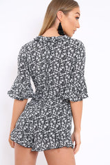 Black Floral Frill Front Cut Out Playsuit - Joanne