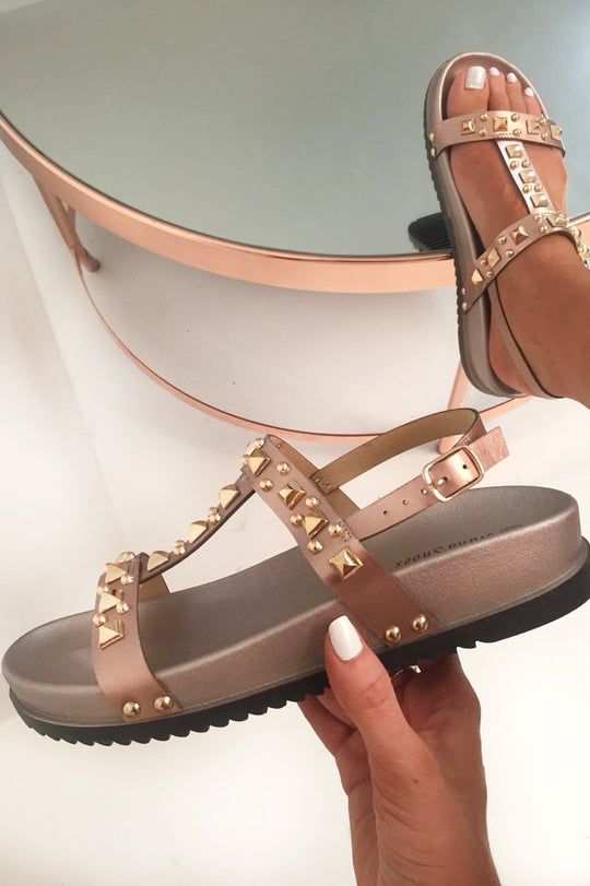 Rose Gold Studded T Bar Strap sandals  - Jolisa