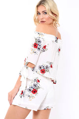 White Floral Print Tie Crop Top- Joney