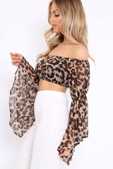 Leopard Print Flared Sleeves Sheer Crop Top - Jordan