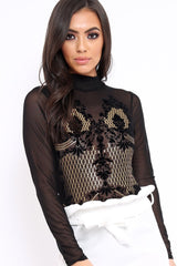 Black Mesh Velvet Applique Gold Stud Bodysuit - Jordanna
