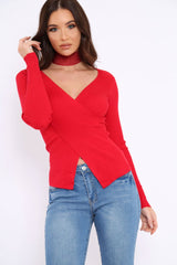 Red Ribbed Thin Knit Wrap Top - Jordi