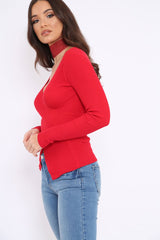 Red Ribbed Thin Knit Wrap Top - Jordi