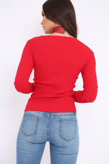 Red Ribbed Thin Knit Wrap Top - Jordi