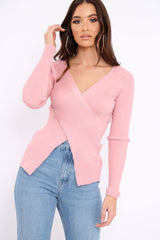 Rose Ribbed Thin Knit Wrap Top - Jordi