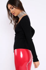 Black Ribbed Thin Knit Wrap Top - Jordi