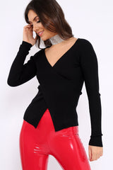 Black Ribbed Thin Knit Wrap Top - Jordi