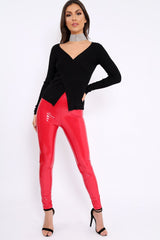 Black Ribbed Thin Knit Wrap Top - Jordi