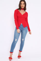 Red Ribbed Thin Knit Wrap Top - Jordi