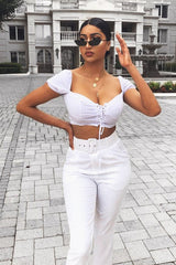 White Lace Up Sweetheart Puff Sleeve Crop Top - Kandis
