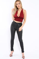 Red Gingham Shirred Halter Neck Crop Top - Josie