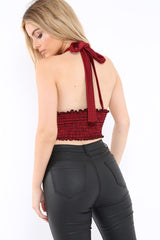 Red Gingham Shirred Halter Neck Crop Top - Josie