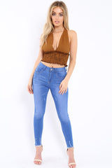 Mustard Gingham Shirred Halter Neck Crop Top - Josie