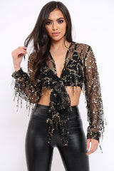 Black With Gold Tassels Tie Front Crop Top - Joy